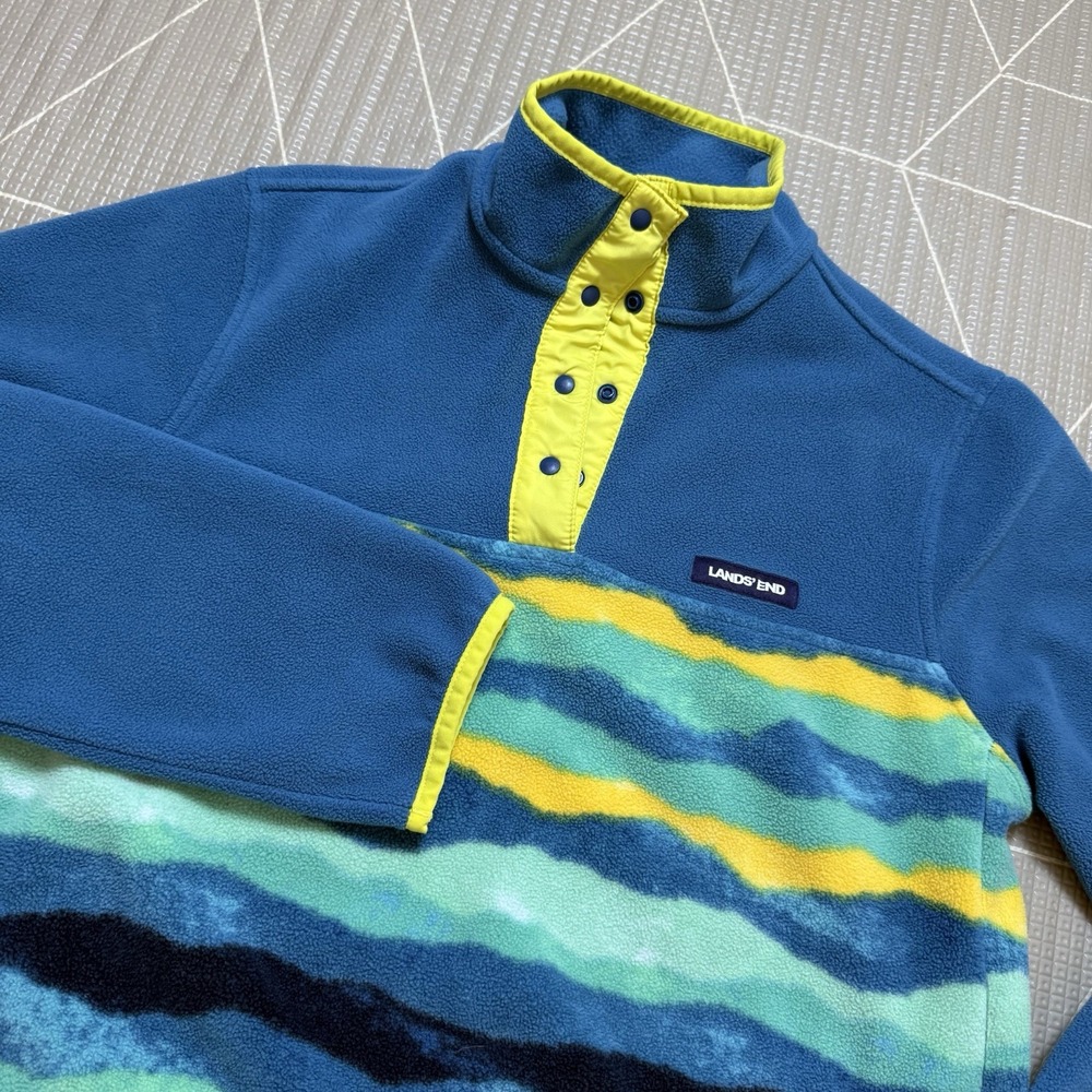Land's End Snap Neck Pullover Heritage Fleece Blue Green Stripe Women's Small
